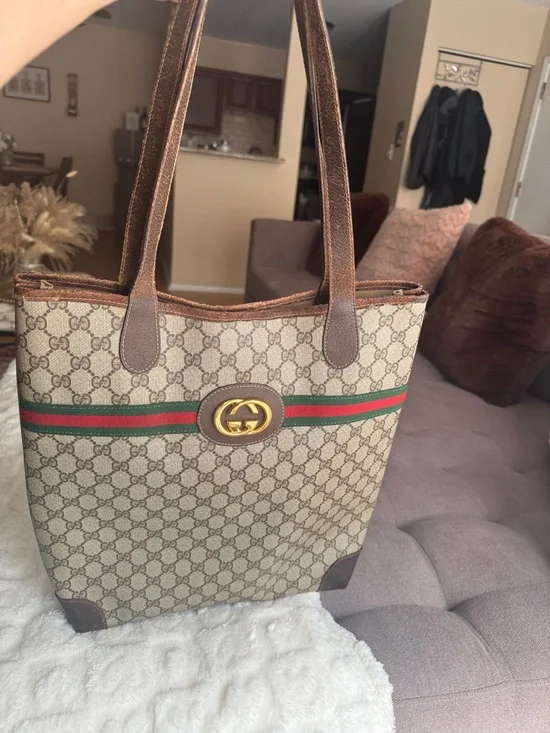 Gucci Monogram Canvas Tote with Web Stripe and Double G - Picture 11 of 11